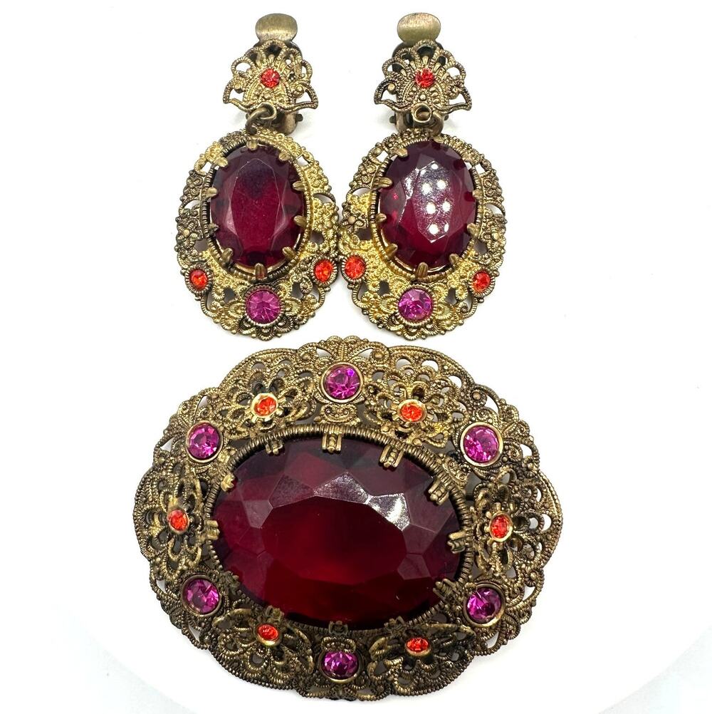 West Germany vintage gold tone red pink rhinestones brooch clip on earrings set